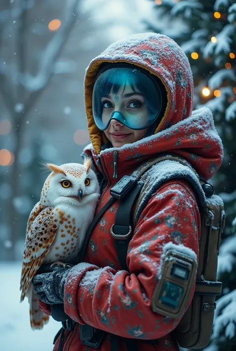 A beautiful cyberpunk owl lady, native American facial features, wearing a hamsteri custome, wearing cyberpunk winter armor high technology hamster, design , colorful detailed hanster cyberpunk armor designs, ultra realistic composition, comauflage behind ...