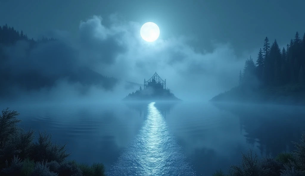 In 3D animation style:"A magical lake surrounded by mist, with the reflection of a full moon and a shimmering path leading to an island in the center."
