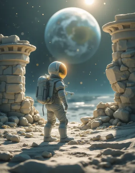 (masterpiece:1.2,  is the best quality,  ultra-high resolution,  Very Detailed , Best Illustration),Moon surface，Ancient City Ruins，astronaut，Earth