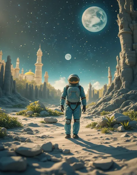 (masterpiece:1.2,  is the best quality,  ultra-high resolution,  Very Detailed , Best Illustration),Moon surface，Ancient City Ruins，astronaut，Earth