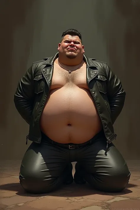  Draw a young man with a fat appearance , wearing an open-breasted leather jacket and leather pants, put your hands behind your back , kneeling and being hanged with a pitiful face begging for forgiveness from the master