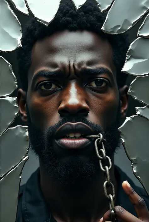 Create an image of a black person  ( man)  who appears to be in a broken mirror ,  with spikes surrounding his face and a chain breaking in his mouth