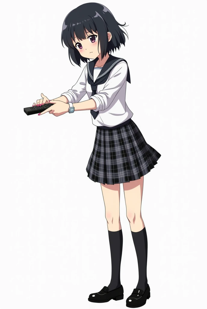 Teenage woman with black and short hair and with white anime watch and pink nails with white long-sleeved shirt and plaid Scottish tie in dark gray and white and pleated plaid skirt in combination of dark gray and white colors, following a uniform pattern ...