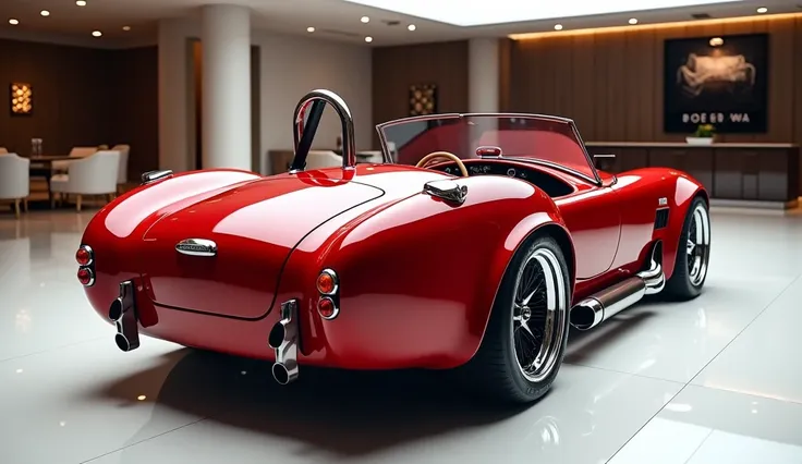 Please Give me a 2025 Shelby Cobra 427 New model And New Design HD Quality Pictures Red colour Sleek pictures Luxurious Showroom Showcase Background Back View