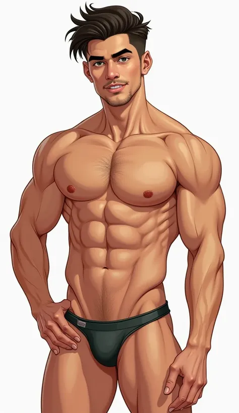 Cel shading drawing of a gorgeous mexican man posing in a tiny thong, pale skin, green eyes, handsome, cute smile, soft muscles, big bulge, big nipples, thick lineart, hairy chest, hairy pubes, soft shadows, even lighting, explicit, nsfw. 