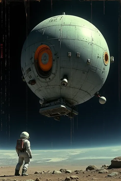 Highly detailed photograph VHS quality still of large spherical  spaceship with broken engine nozzles  ((orange logo ))  1980s highly detailed ((floating in space)) the Science fiction. Incredible detail. Cinematic. Black space. Very Harsh lighting. Static...