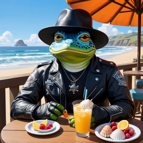 Closeup, Beachside Cafe: "An extremely badass anthropomorphic light blue and white bullfrog wearing an insanely cool black leather Harley Davidson biker jacket open, black fedora, black shirt, black leather biker gloves, black leather biker pants, at a qua...