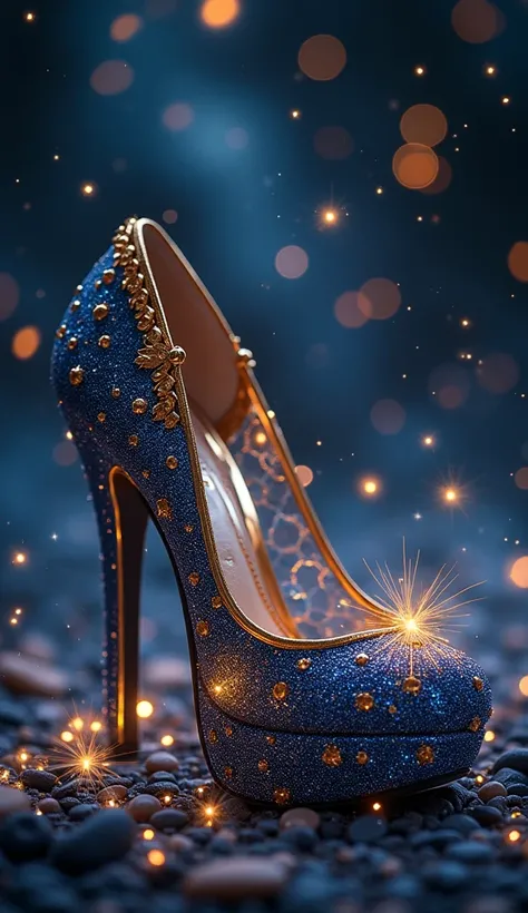  glass high heels 、   gorgeous high heels、 Dark blue is the base 、 gold and silver decoration、Made by AIS-RCN, 8K Photo, "words,      Beautiful fairy    ,   From the Beautiful Night Sky      ,     dynamic depiction     、      、BEAUTIFUL HADES  、  Gentle Wo...