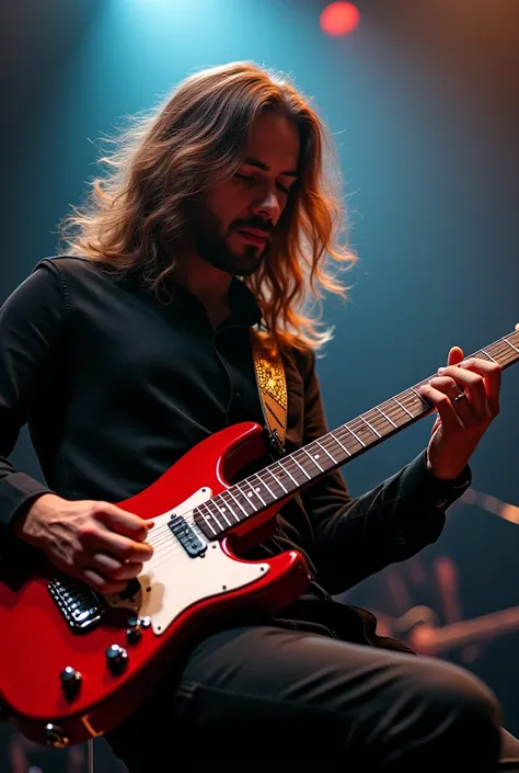 Man in brown hair playing red white electric guitar 
