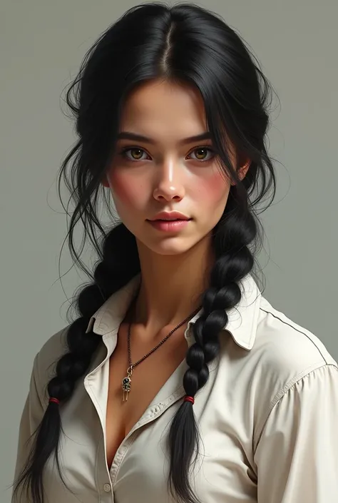 Adult european cowgirl, one braid, black Hair, light eyes, white shirt, light skin,half body, digital art, realism, painting art