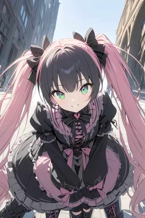 Best Masterpiece Top Quality Unity 8k ,(  twin tails),   hair bow ,  black hair,  Very Long Hair  ,green eye,(jiraikei ( Pink Gothic Lolita:1.3)),  lace up boots  ,Outdoor, simple background、((( smiles)))