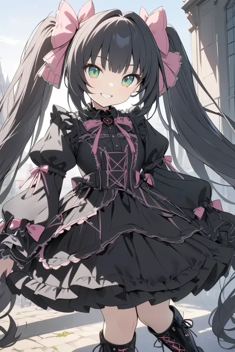 Best Masterpiece Top Quality Unity 8k ,(  twin tails),   hair bow ,  black hair,  Very Long Hair  ,green eye,(jiraikei ( Pink Gothic Lolita:1.3)),  lace up boots  ,Outdoor, simple background、((( smiles)))
