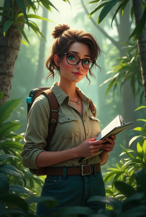 Woman researcher zoologist glasses stuck up brown hair blue eyes small chubby jungle excursion gene experiments animals