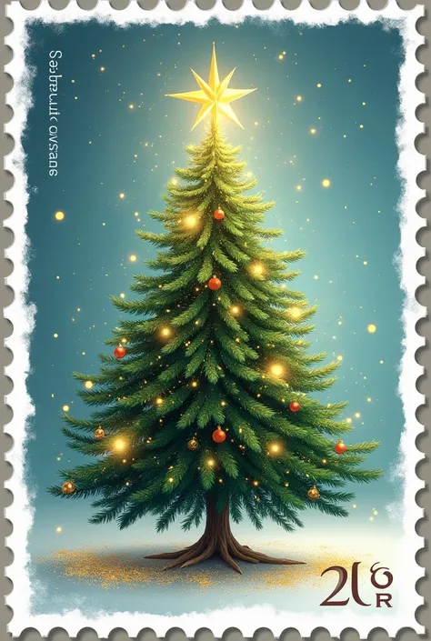 A postage stamp with a New Years motif. It features a Christmas tree and fairy dust.