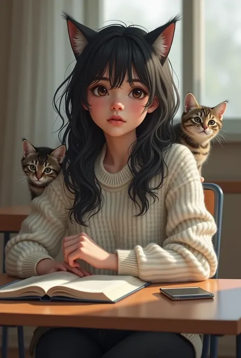   Make me an ultra-realistic picture of a girl 18 years old .  she has black hair ,  brown eyes .  She has a white knit sweater on her arms . She has black jeans on .  She is sitting at the table at school singing Mia u meow meow and sad looking cats fly a...