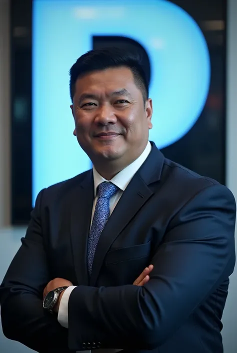  Photo of a 30-year-old indonesian man, fat body, round-faced ,  wearing formal suit ,  professional pose , on the background of the Philips logo