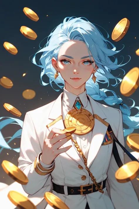  girl in a white suit and a gold coin in her hand, with light blue hair 