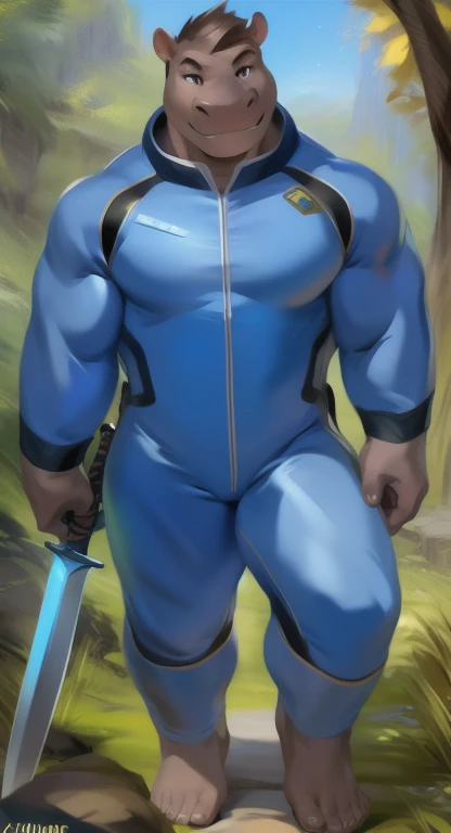     alone   ,​ feMale tall   , อยู่บนถนน Holding a Ninja Sword​ fairy, hippo ,     blue military spacesuit, Overload  ,    Binding muscles  , quiet , by chunie    