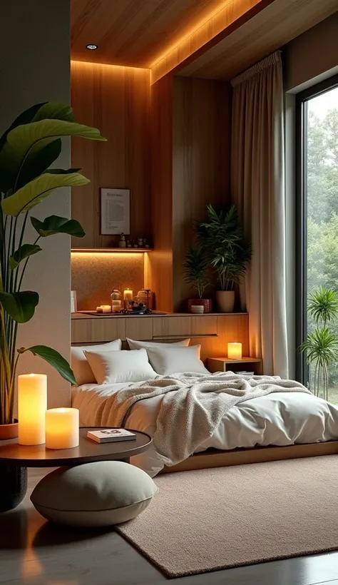 Stylish studio room 。 has a bed, a low table with candles, and foliage plants。 showing a small kitchen 