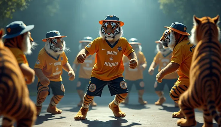 Bengal tigers wear gear and bucket hats from famous sports manufacturers、 s breakdancing in front of them forming a circle 、 Surreal Photos 。Theres a boom box in the corner 。