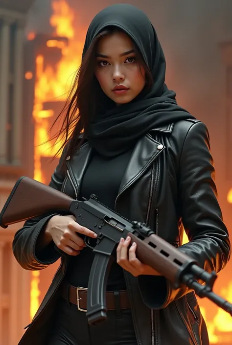 asian woman,  wearing a covered leather jacket, hijab, big bodied ,  big boobs , sexy, leather shoes , holding a rifle. In front of the burning building. sharp gaze, beautiful, fair skin 