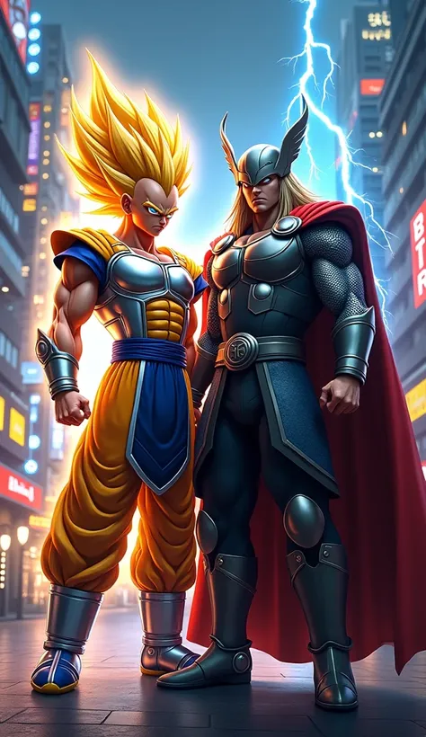 "A hyper-detailed and realistic depiction of Vegeta in his Super Saiyan form and Thor standing together in a modern Tokyo city setting. Vegeta has his iconic golden spiky hair, glowing aura, and wearing intricately designed Saiyan armor with metallic textu...