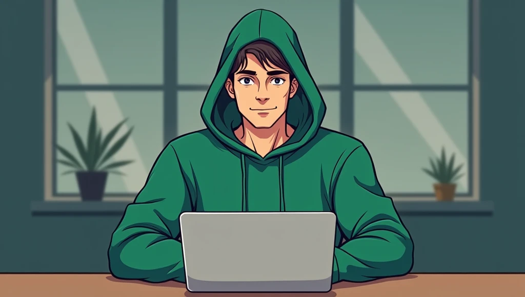 Anime confident looking male business character is wearing a green hoodie with his hood on his head. He is sitting behind his laptop in his studio, arms on his desk. It is day. The room is tech room. He is front facing to the camera,mic, looking straight a...