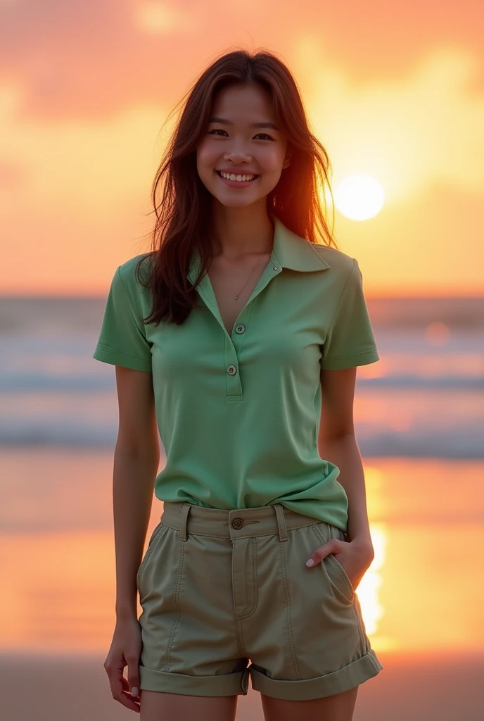 an insanely good looking taiwanese woman, tall and slender physique, toned thighs, big mouth, polite smile, green polo shirt, cargo shorts, beach in pastel coral color sunset lighting, photorealistic, ultra-realistic, best quality, ultra sharp image, 4k