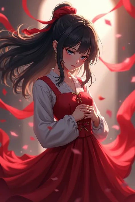  Magical Girl Obstructed from Transforming. Loss of strength .  Holds Her Chest .  All Her Clothes Are Red Ribbon-Shaped .  beauty . Middle 1 Black Haired Girl 