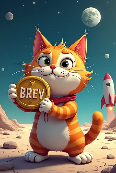 Make a funny goofy cateoon holding a coin with BREV on it in big bold letter and the backgroud a moon surface with a rocket landed on it