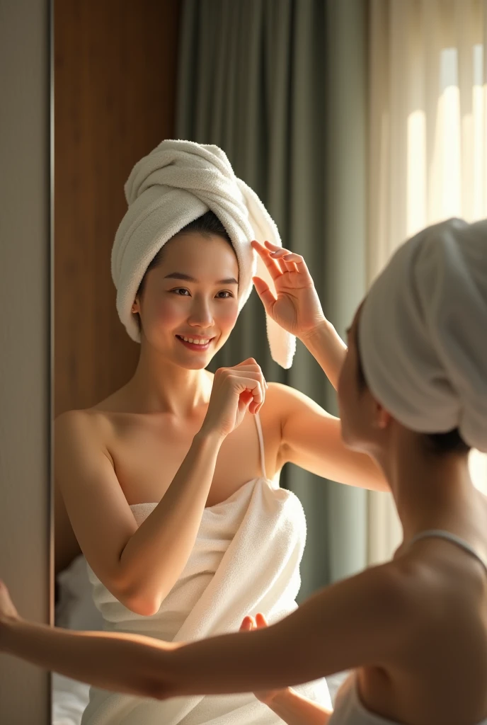 ((( real、Realistic、live-action、High image quality)))"昼の柔らかな光が差し込むホテルで、A 50-year-old Japanese woman is wrapping a towel around her body and fixing her hair in front of the mirror.、A woman is having a pleasant conversation with the person next to her in a ho...