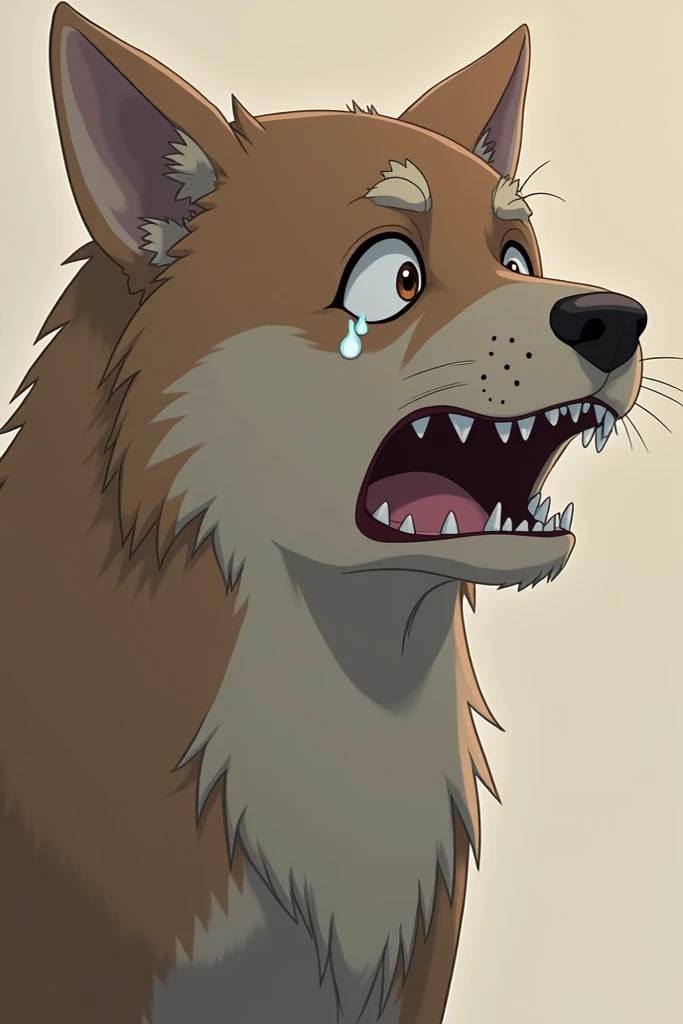 Anime, side shot of a sad depressed crying dog, mouth wide open 