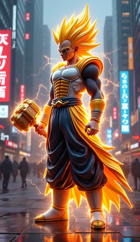 "A hybrid character combining Vegeta and Thor, standing in a vibrant Tokyo city setting with neon-lit skyscrapers and a futuristic vibe. The hybrid has Vegetas golden Super Saiyan hair and Saiyan armor merged with Thors Asgardian style, including Mjolnir a...