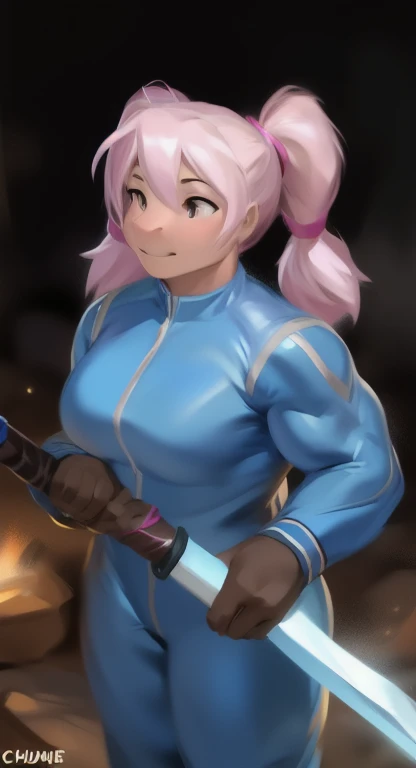     alone   ,​ feMale tall   , อยู่บนถนน Holding a Ninja Sword​ fairy, hippo ,     blue military spacesuit, Overload  ,    Binding muscles  , quiet , pink pigtails, by chunie    