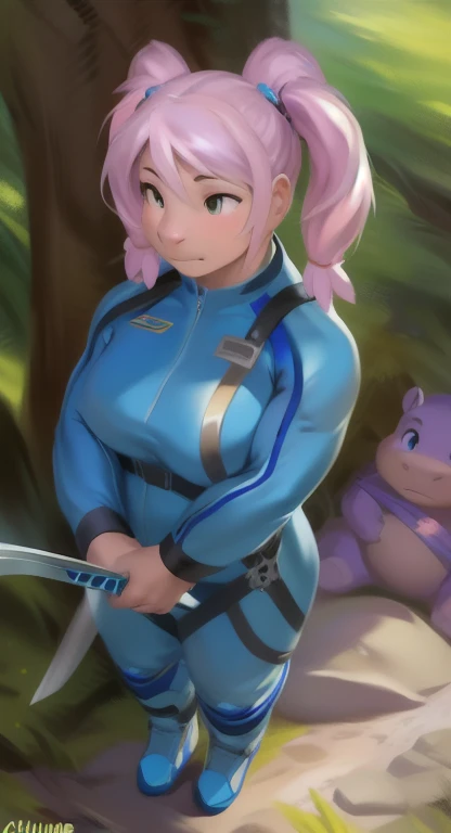     alone   ,​ feMale tall   , อยู่บนถนน Holding a Ninja Sword​ fairy, hippo ,     blue military spacesuit, Overload  ,    Binding muscles  , quiet , pink pigtails, by chunie    