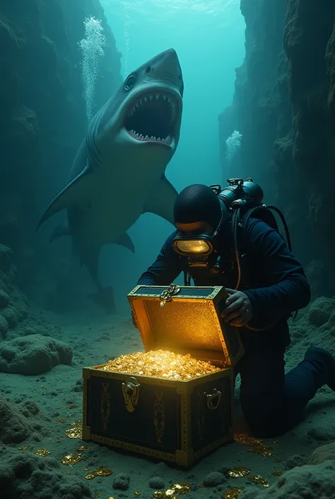 When you open a treasure chest in a sunken luxury liner, a big shark comes from behind a diver who finds gold