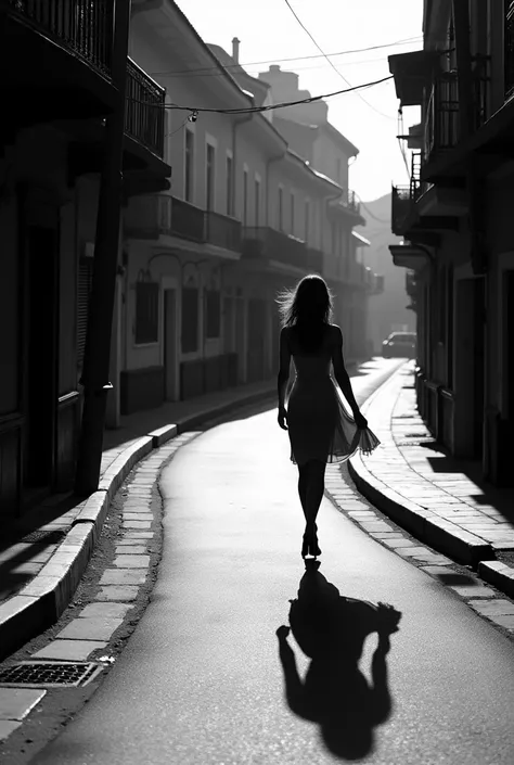 A woman in the right corner of the curve of the street below, wearing a dress, is walking up the camera angle. Black and white.