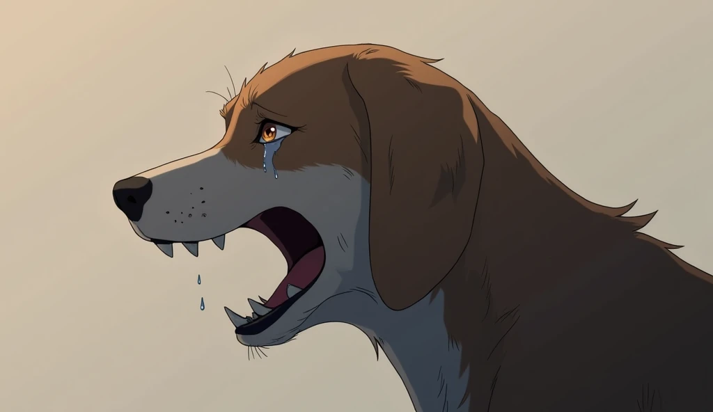 Anime, side shot of a sad depressed crying dog, mouth wide open 