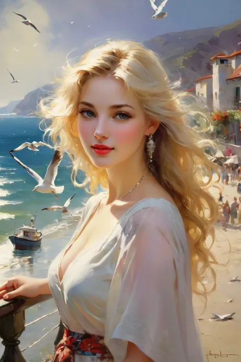 Oil painting in Pino Daeni style, Wonderful detail, incredible execution, photography award. I love you! Every breath that comes out of my lips, carries your name! Wherever I look, I see you, your beautiful eyes, your wonderful smile, your long, thin blond...