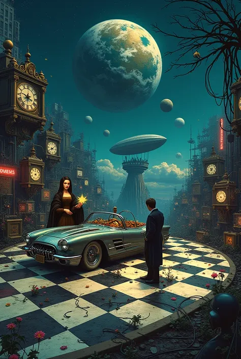 I want a photo of the.Planet Earth is covered in&#39;a format of&#39;chess with pieces&#39;Giant chess that spins at high speed in s&#39;approaching&#39;another similar planet and beings of&#39; other planets wait and in the background you can see the Mona...