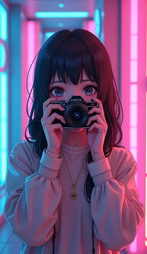 Anime girl with camera taking photos of herself in a neon room., Anime style mixed with Fujifilm, anime style 4k, Anime style. 8K, Anime Art Wallpaper 8K, anime art wallpaper 4k, anime art wallpaper 4k, Anime wallpapers 4k, Anime Wallpaper 4k, Ilya Kuvshin...