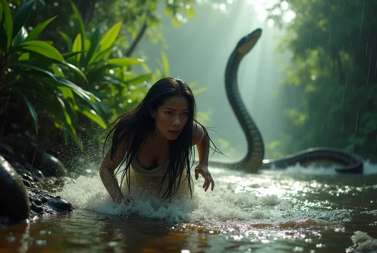 (8k, best quality,masterpiece, ultra highres:1.2), young Thai woman, woman with long black hair, crawling away from the river With great difficulty, he was scrambling to crawl on all fours to climb up the bank. To escape death to the utmost screaming and y...