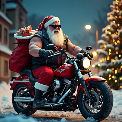 a pumped up cheerful Santa Claus in a black biker jacket and red pants without sleeves wearing black glasses on a red Harley motorcycle with a Christmas tree in the snowy city at night in the background with a red bag showing New Year gifts thrown over his...