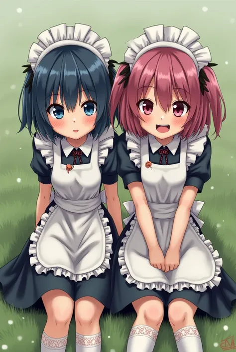  2 young girls , Maid clothes, white apron,  maid headdress ,  girl on the left with dark blue bob hair ,  girl on the right with dark pink bob hair, White lace stockings with garters , sitting on the grass, a tear on the cheek ,  torn clothes , dirty clot...