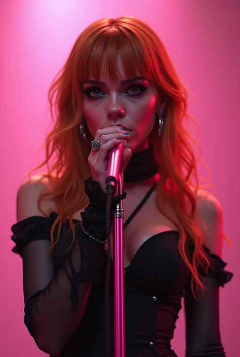 A girl in gothic makeup and orange-brown hair and a specific outfit singing on a pink microphone
