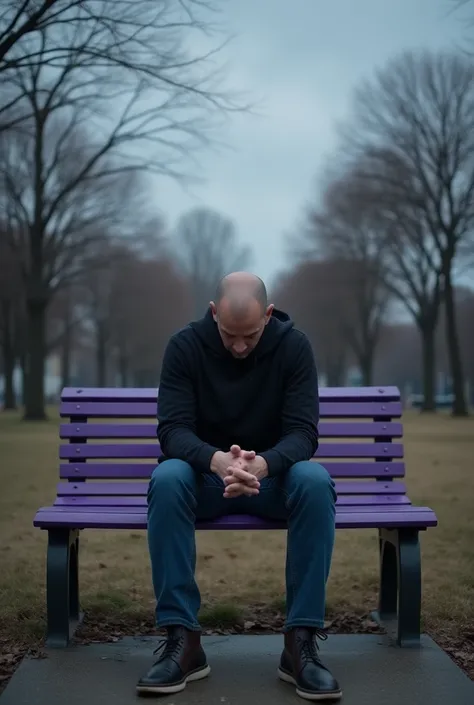 "A faceless man sitting alone on a violet park bench in an empty park. The surroundings are quiet with bare trees and a cloudy, somber sky, emphasizing a feeling of isolation and tension. The mans posture is slouched, with his hands clasped together or on ...