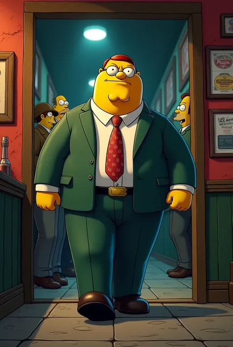 Peter Griffin dressed as Gucci enters Moes bar very angry looking for Homer Simpsons fat bastard 