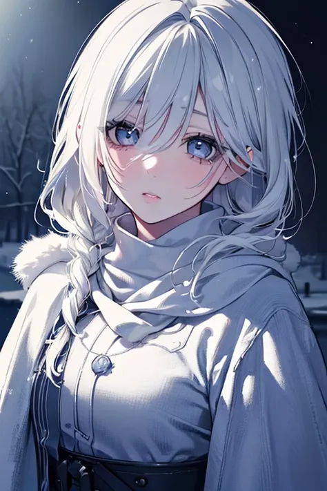 A lonely, melancholic woman standing in the snow, looking up at the night sky, (1girl, beautiful detailed eyes, beautiful detailed lips, extremely detailed eyes and face, long eyelashes, sad expression, snow, night sky, bleak, desolate, winter, melancholy,...