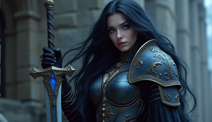 Create a highly detailed image of a Dark Lady character in a Dungeons & Dragons style. She should have long, flowing black hair that cascades down her back, contrasting sharply with her very pale skin. Her striking blue eyes should convey a sense of myster...