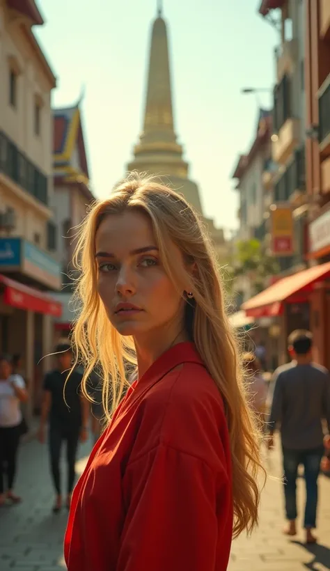  Woman walking through the streets of Bangkok. plano general,  in the background of the royal palace . golden hair, green eyes and red clothes . 